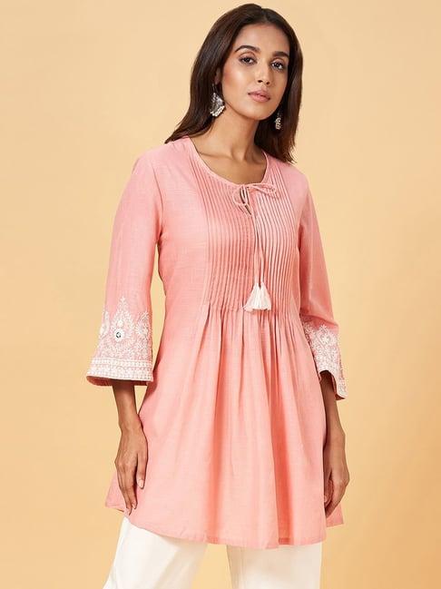 rangmanch by pantaloons peach cotton embroidered tunic