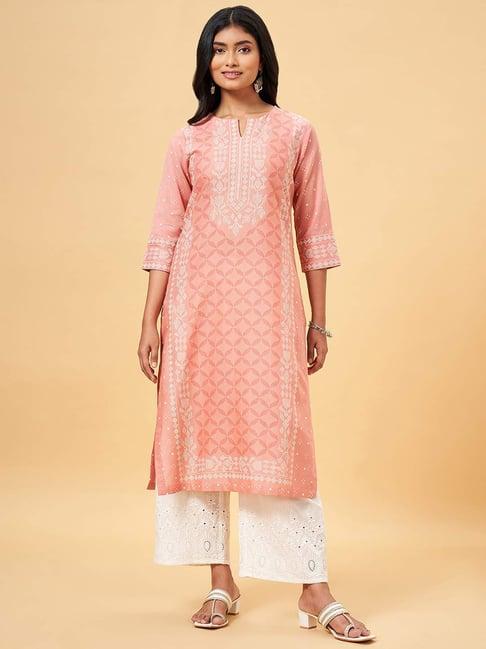 rangmanch by pantaloons peach cotton printed straight kurta