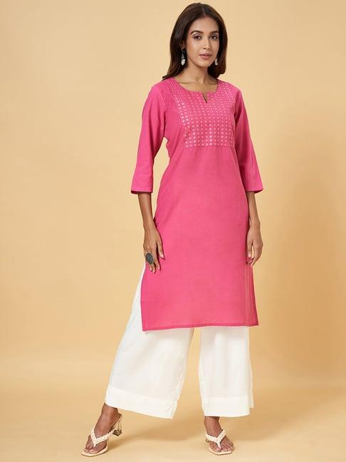 rangmanch by pantaloons pink cotton embellished straight kurta