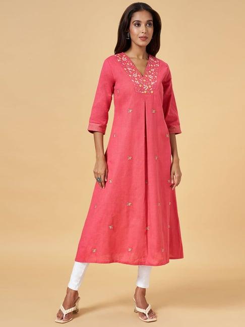 rangmanch by pantaloons pink cotton embroidered a line kurta