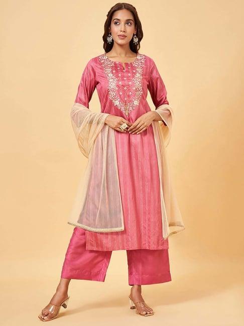 rangmanch by pantaloons pink cotton embroidered kurta palazzo set with dupatta