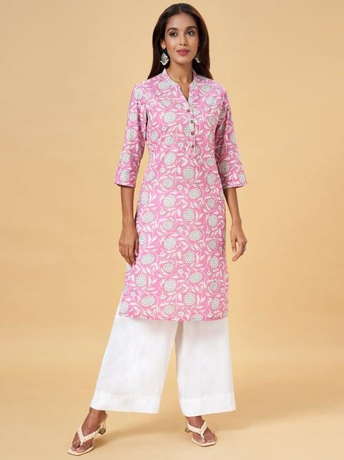 rangmanch by pantaloons pink cotton floral print straight kurta