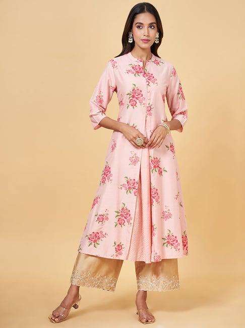 rangmanch by pantaloons pink cotton printed a line kurta