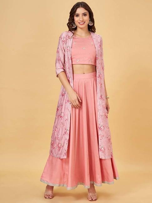 rangmanch by pantaloons pink embroidered crop top skirt set with shrug