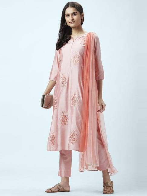 rangmanch by pantaloons pink embroidered kurta pant set with dupatta