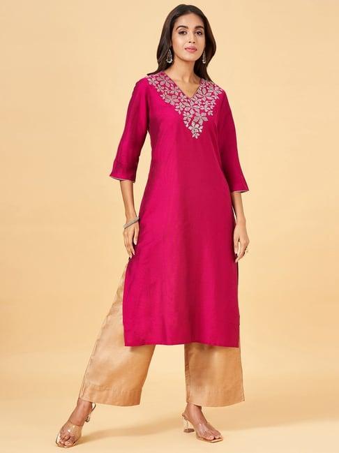 rangmanch by pantaloons pink embroidered straight kurta