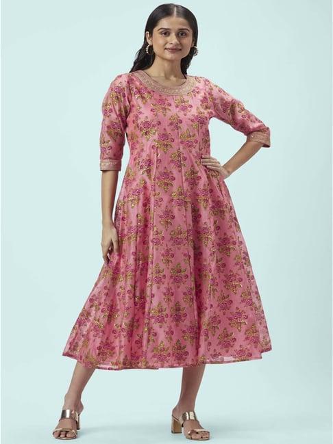 rangmanch by pantaloons pink floral print a-line dress with dupatta