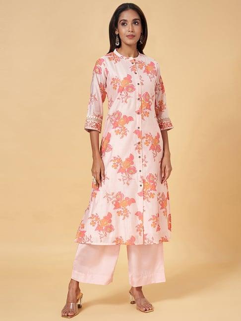 rangmanch by pantaloons pink floral print kurta pant set