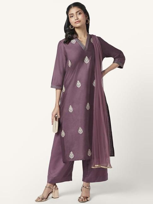 rangmanch by pantaloons purple cotton embroidered kurta palazzo set with dupatta