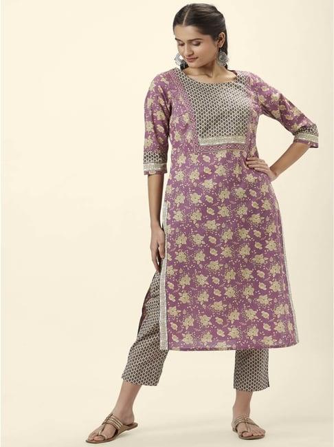 rangmanch by pantaloons purple cotton printed kurta pant set