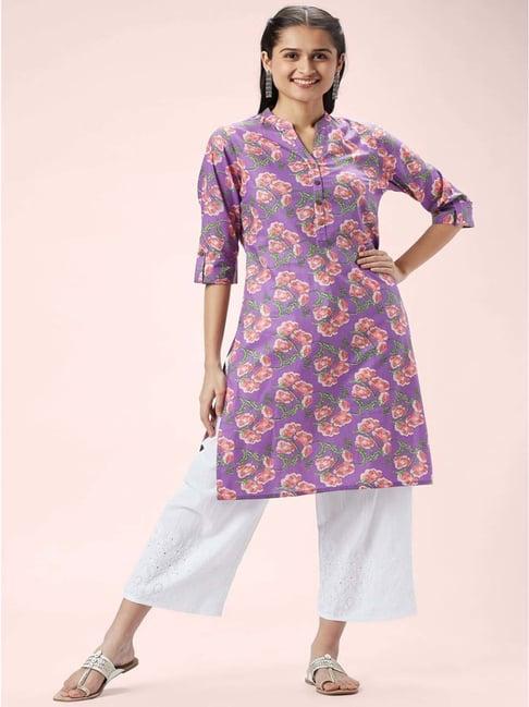 rangmanch by pantaloons purple cotton printed straight kurti