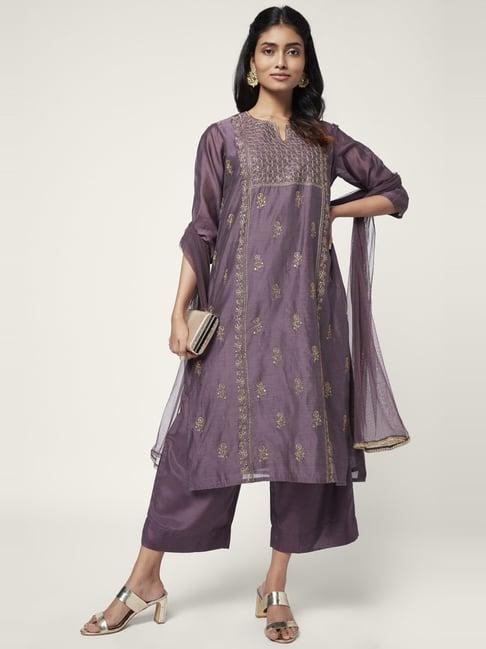 rangmanch by pantaloons purple embroidered kurta palazzo set with dupatta