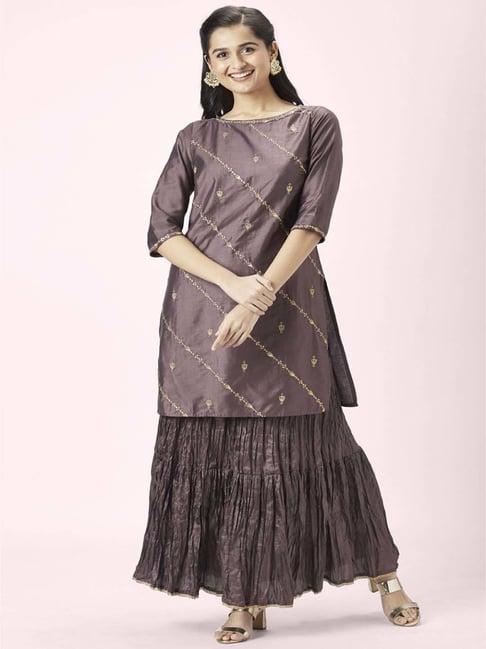 rangmanch by pantaloons purple embroidered kurti palazzo set with dupatta