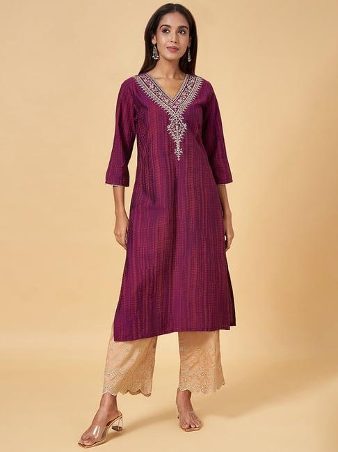 rangmanch by pantaloons purple embroidered straight kurta