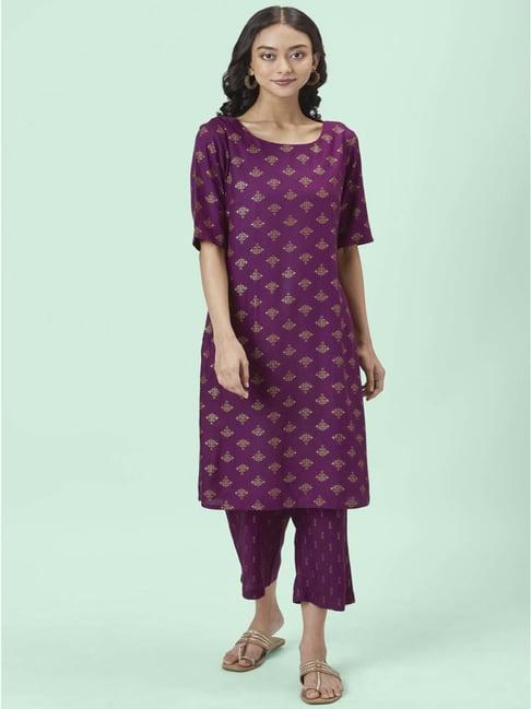 rangmanch by pantaloons purple printed kurta pant set