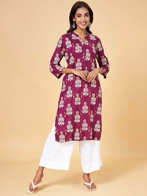 rangmanch by pantaloons purple printed straight kurta