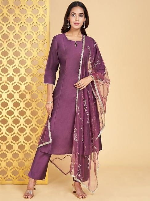 rangmanch by pantaloons purple regular fit kurta pant set with dupatta