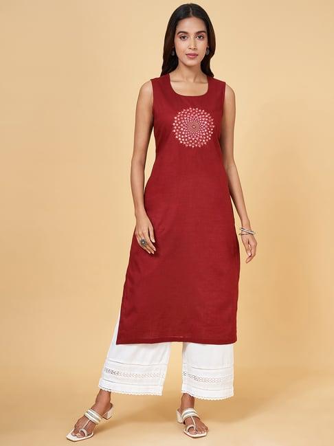 rangmanch by pantaloons red cotton embroidered straight kurta