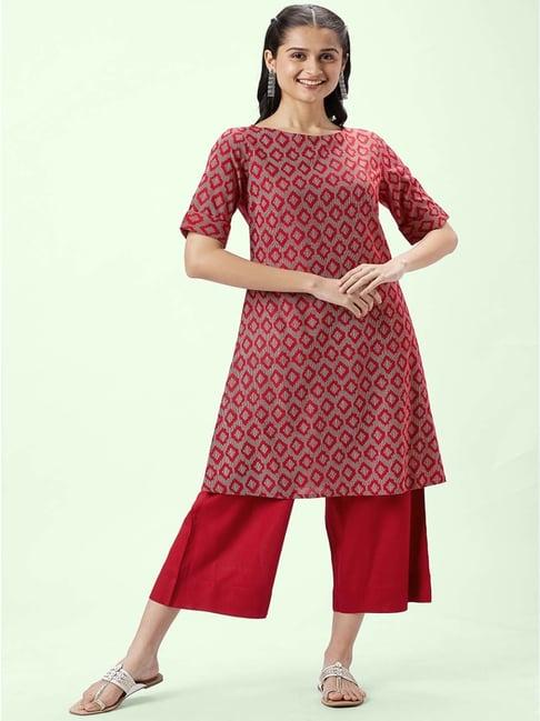 rangmanch by pantaloons red cotton printed kurta palazzo set
