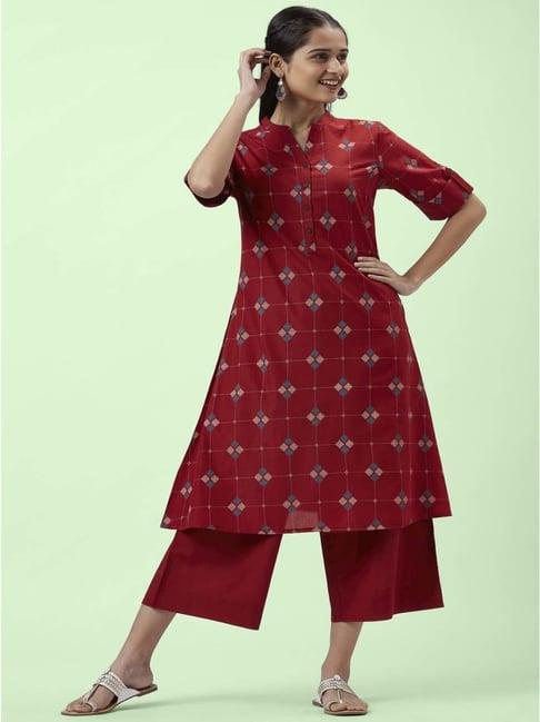 rangmanch by pantaloons red cotton printed kurta palazzo set