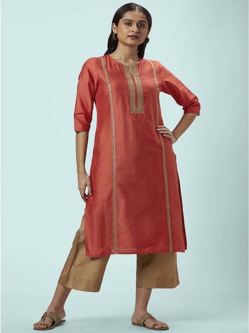 rangmanch by pantaloons red embellished straight kurta