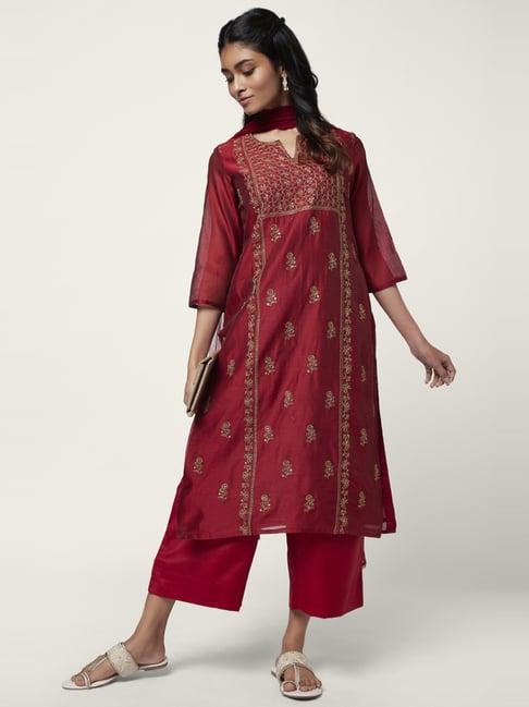 rangmanch by pantaloons red embroidered kurta palazzo set with dupatta