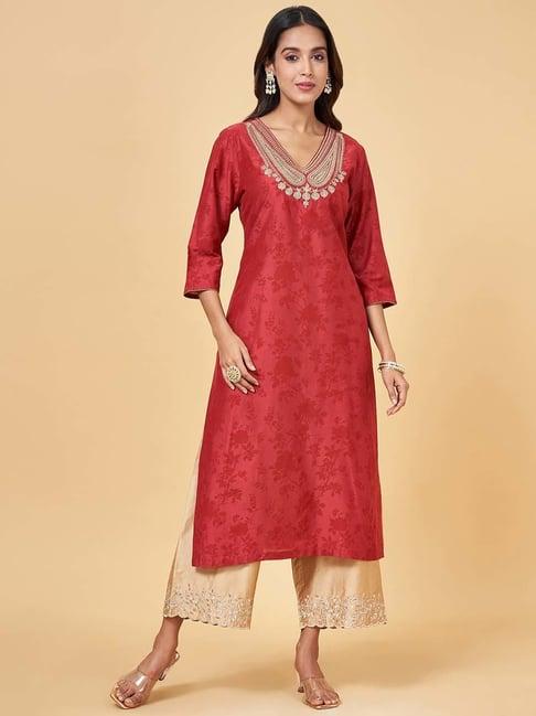 rangmanch by pantaloons red floral print straight kurta