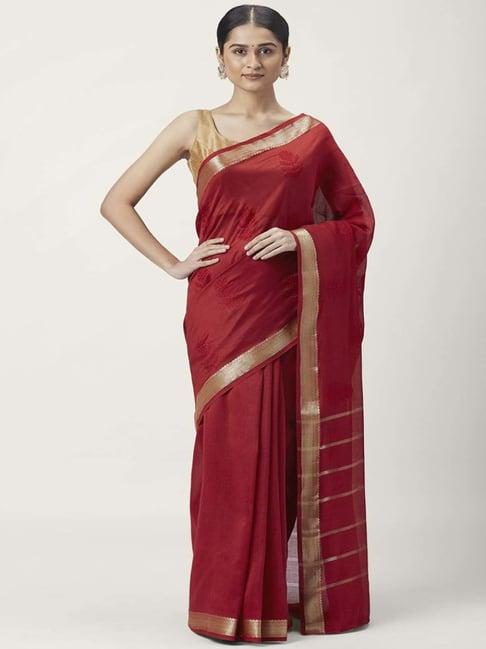 rangmanch by pantaloons red silk embroidered saree with unstitched blouse