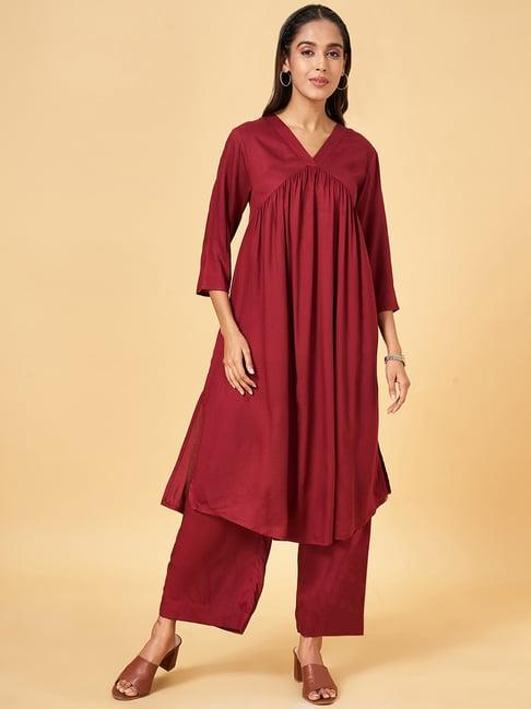 rangmanch by pantaloons red woven pattern kurta palazzo set