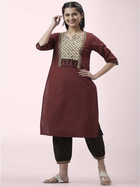 rangmanch by pantaloons rust & purple cotton floral print kurta salwar set with dupatta