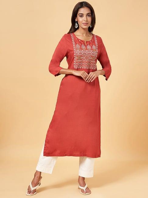 rangmanch by pantaloons rust embroidered straight kurta