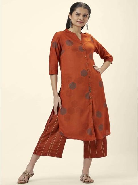 rangmanch by pantaloons rust printed kurta palazzo set