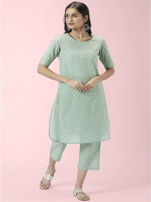 rangmanch by pantaloons sage green cotton printed kurta pant set