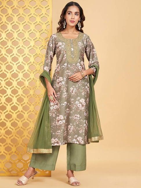 rangmanch by pantaloons sage green floral print kurta palazzo set with dupatta
