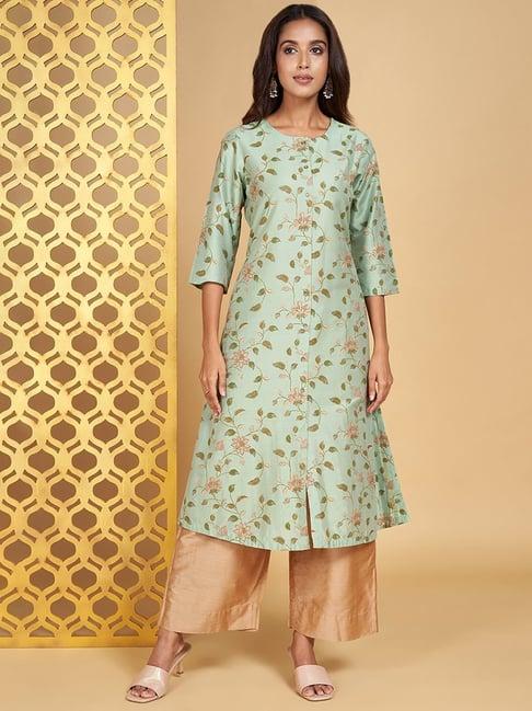 rangmanch by pantaloons sea green floral print a line kurta