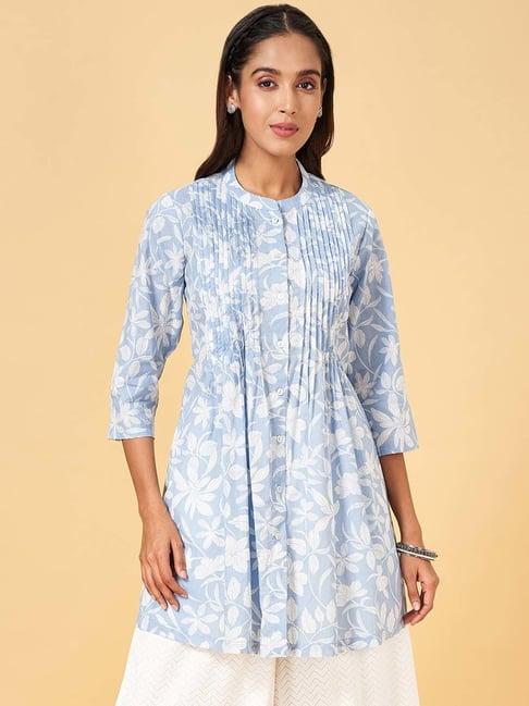 rangmanch by pantaloons starlight blue cotton floral print a line kurti