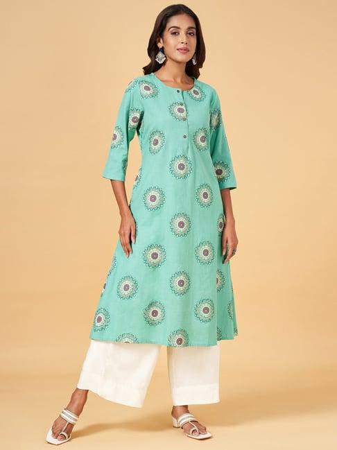 rangmanch by pantaloons teal blue cotton printed a line kurta