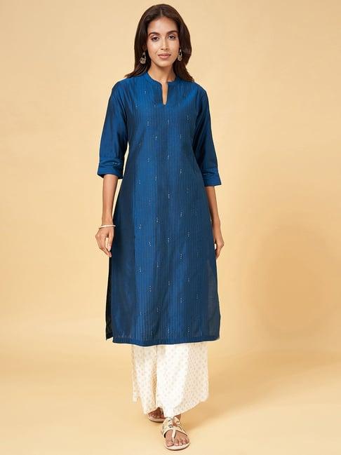 rangmanch by pantaloons teal blue embellished straight kurta