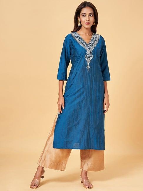 rangmanch by pantaloons teal blue embroidered straight kurta