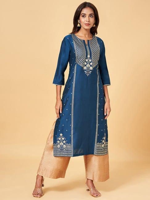 rangmanch by pantaloons teal blue printed straight kurta