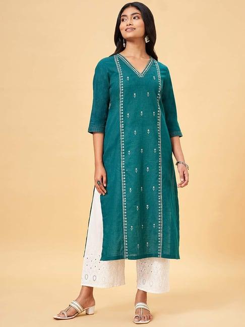 rangmanch by pantaloons teal green cotton embroidered straight kurta