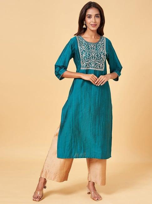 rangmanch by pantaloons teal green embroidered straight kurta