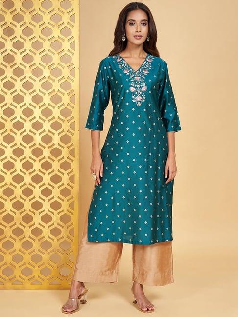 rangmanch by pantaloons teal green embroidered straight kurta