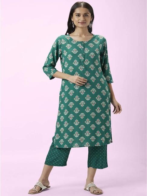 rangmanch by pantaloons teal green floral print kurta palazzo set