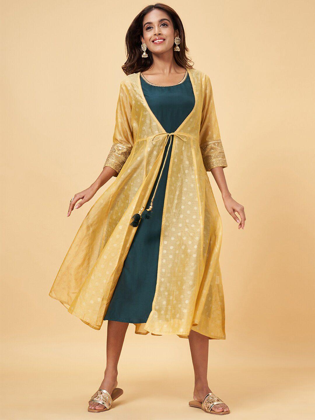 rangmanch by pantaloons tie-ups detail silk a-line midi dress with shrug