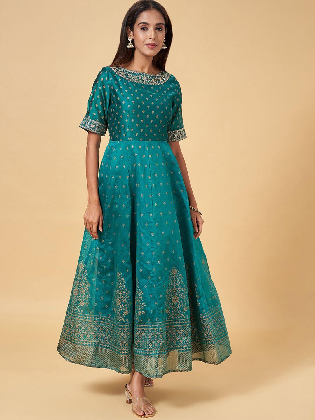 rangmanch by pantaloons turquoise blue ethnic motifs print maxi dress