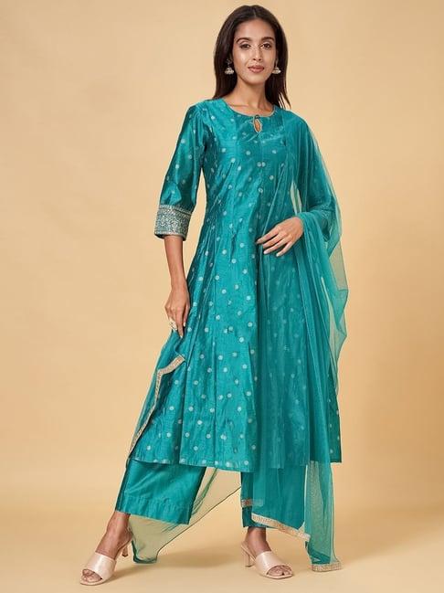 rangmanch by pantaloons turquoise printed kurta palazzo set with dupatta