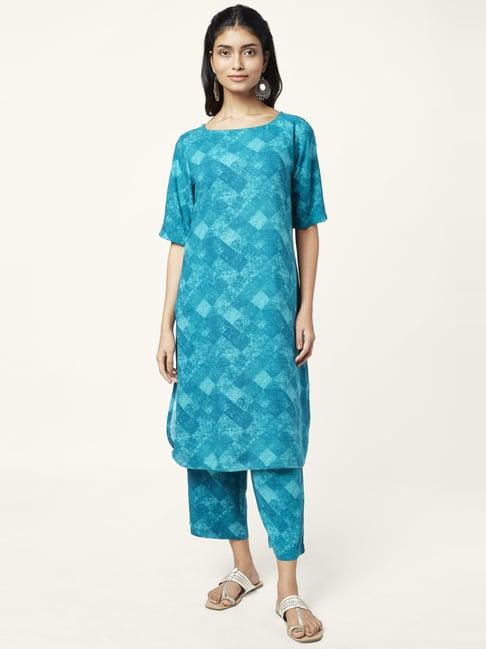 rangmanch by pantaloons turquoise printed kurta palazzo set