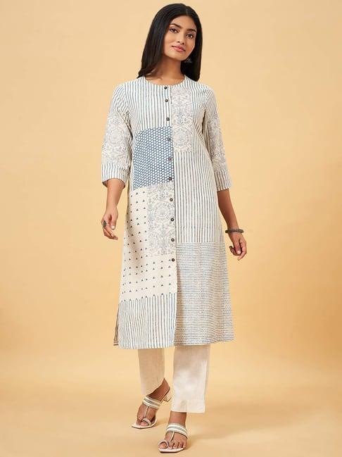 rangmanch by pantaloons white & blue cotton printed a line kurta