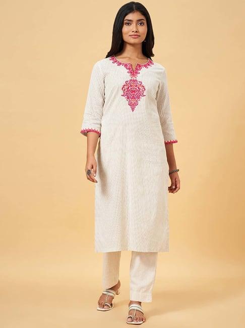 rangmanch by pantaloons white cotton embroidered straight kurta